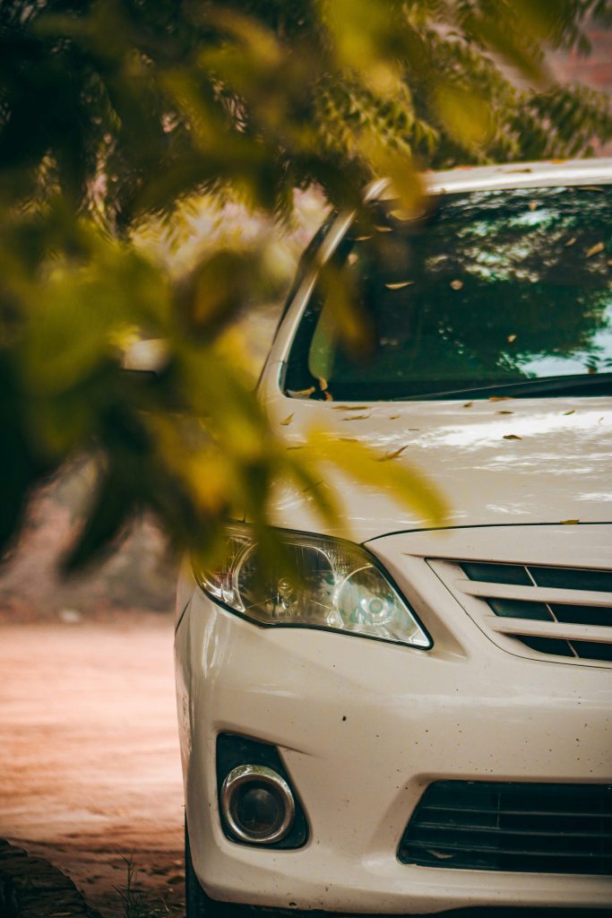 A white car parked in front of a tree